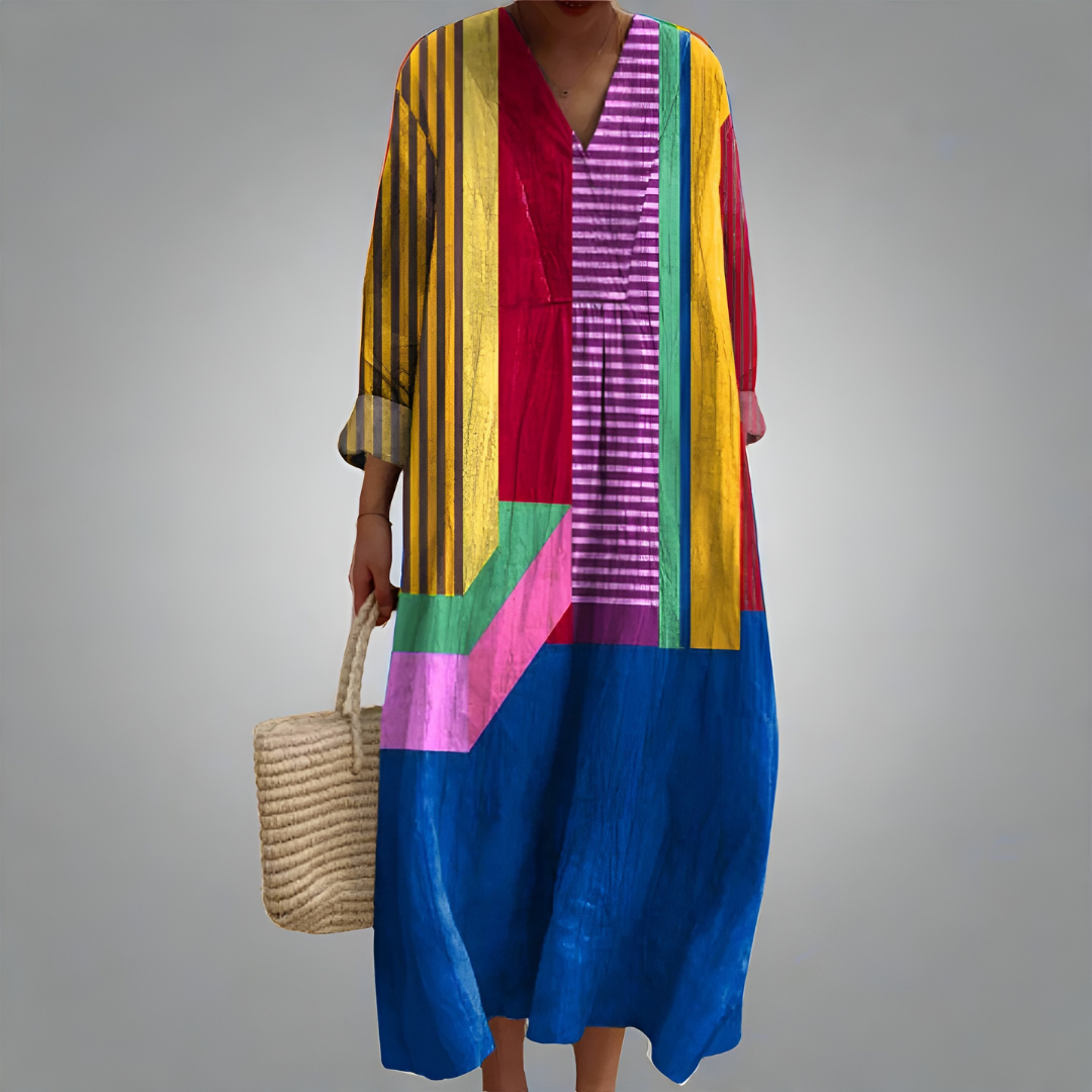 Ruth – Künstlerisches Patchwork-Midi-Kleid