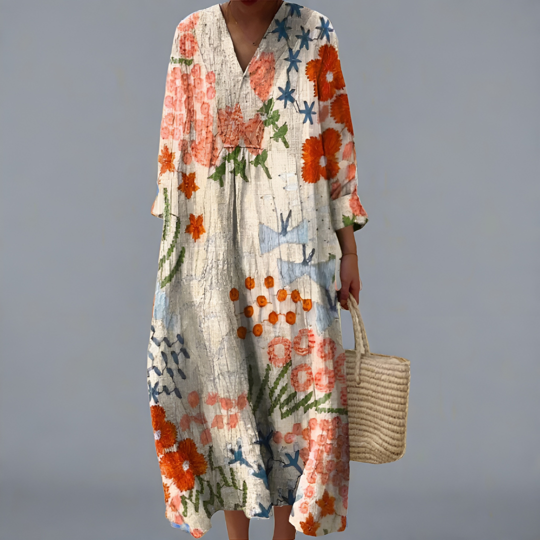 Florevia – Botanischer Druck Baumwolle Midi Kleid für Frauen