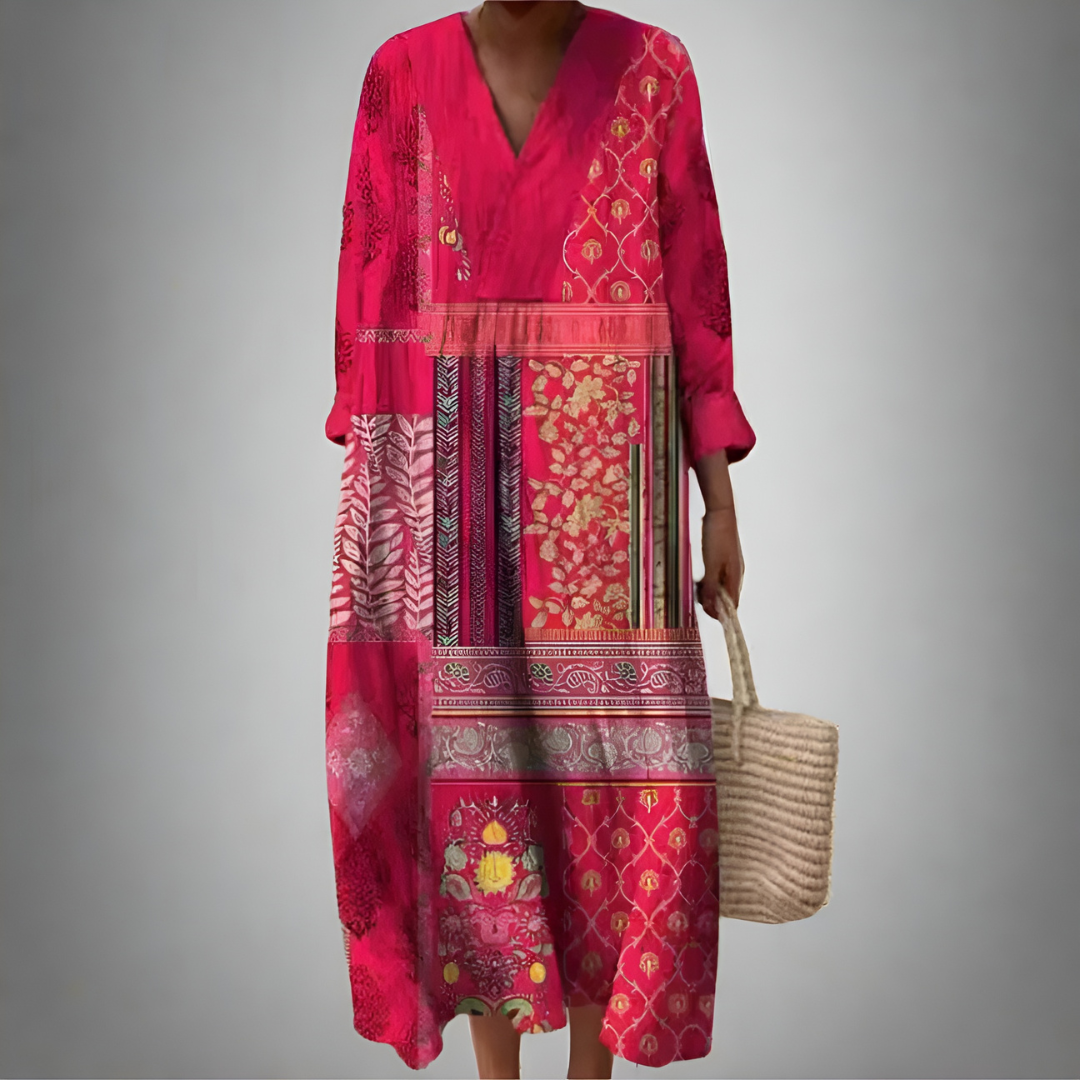 Melvara – Bohemian Patchwork Midi Kleid für Frauen