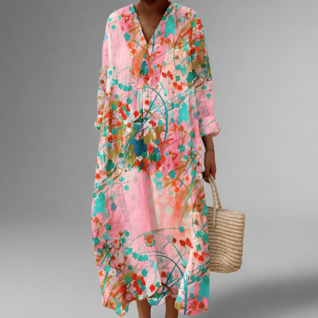 Elanora – Aquarell-Blüten Midi-Kleid für Frauen