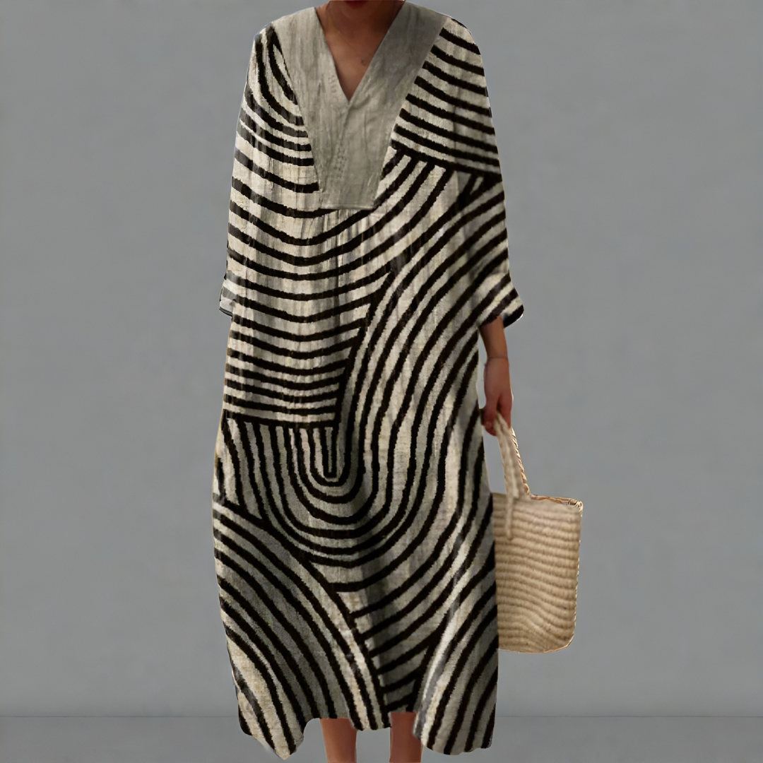 Marvena – Monochrome Wellen Midi Kleid für Frauen