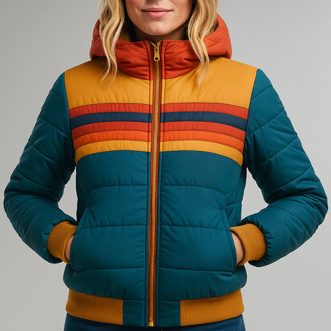 Chandler – Retro Regenbogen Pufferjacke für Frauen