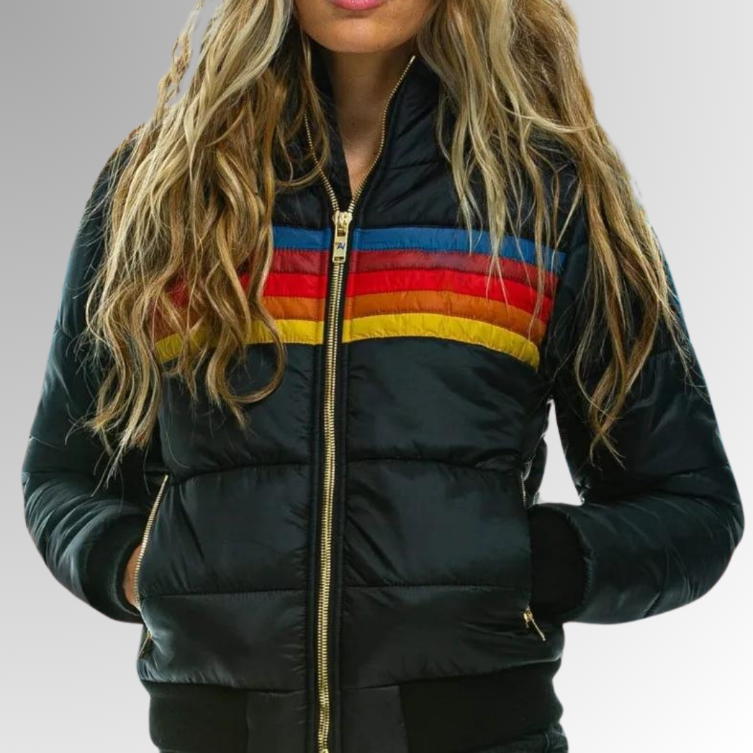 Chandler – Retro Regenbogen Pufferjacke für Frauen