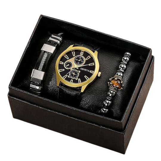 Signature Quartz Leather Watch & Bracelet Set