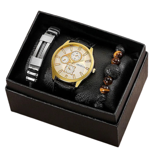 Signature Quartz Leather Watch & Bracelet Set