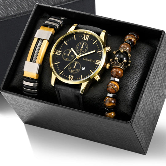 Signature Quartz Leather Watch & Bracelet Set