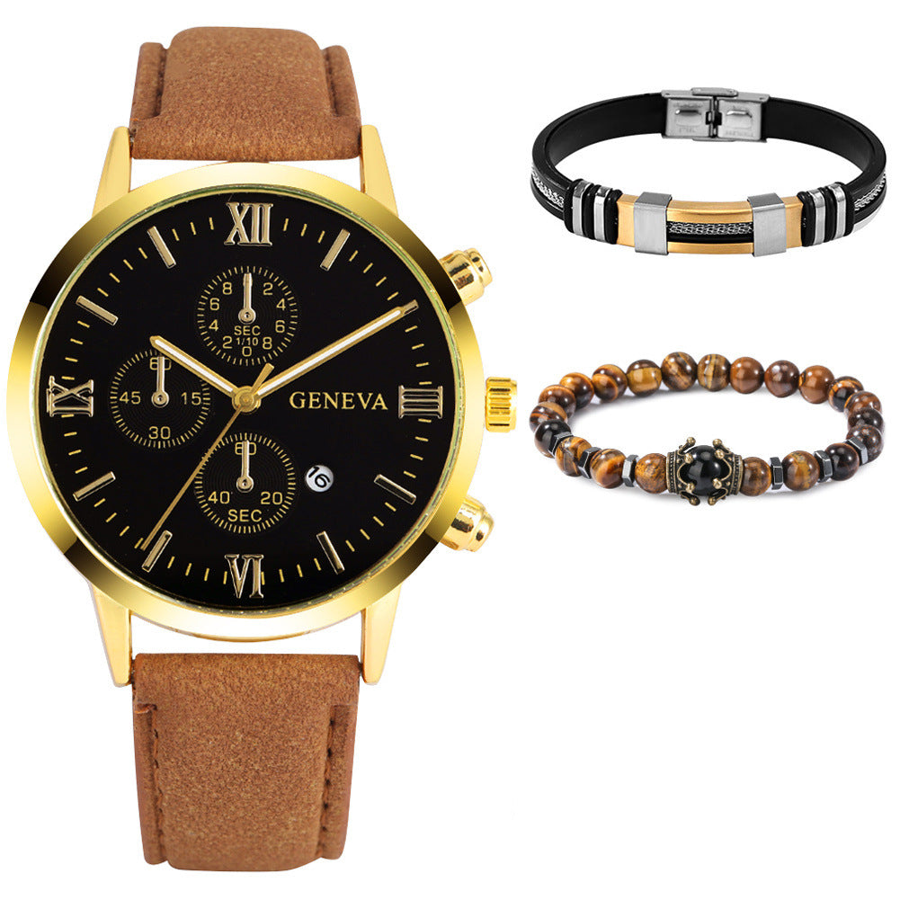Signature Quartz Leather Watch & Bracelet Set