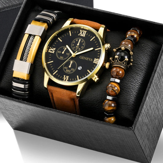 Signature Quartz Leather Watch & Bracelet Set