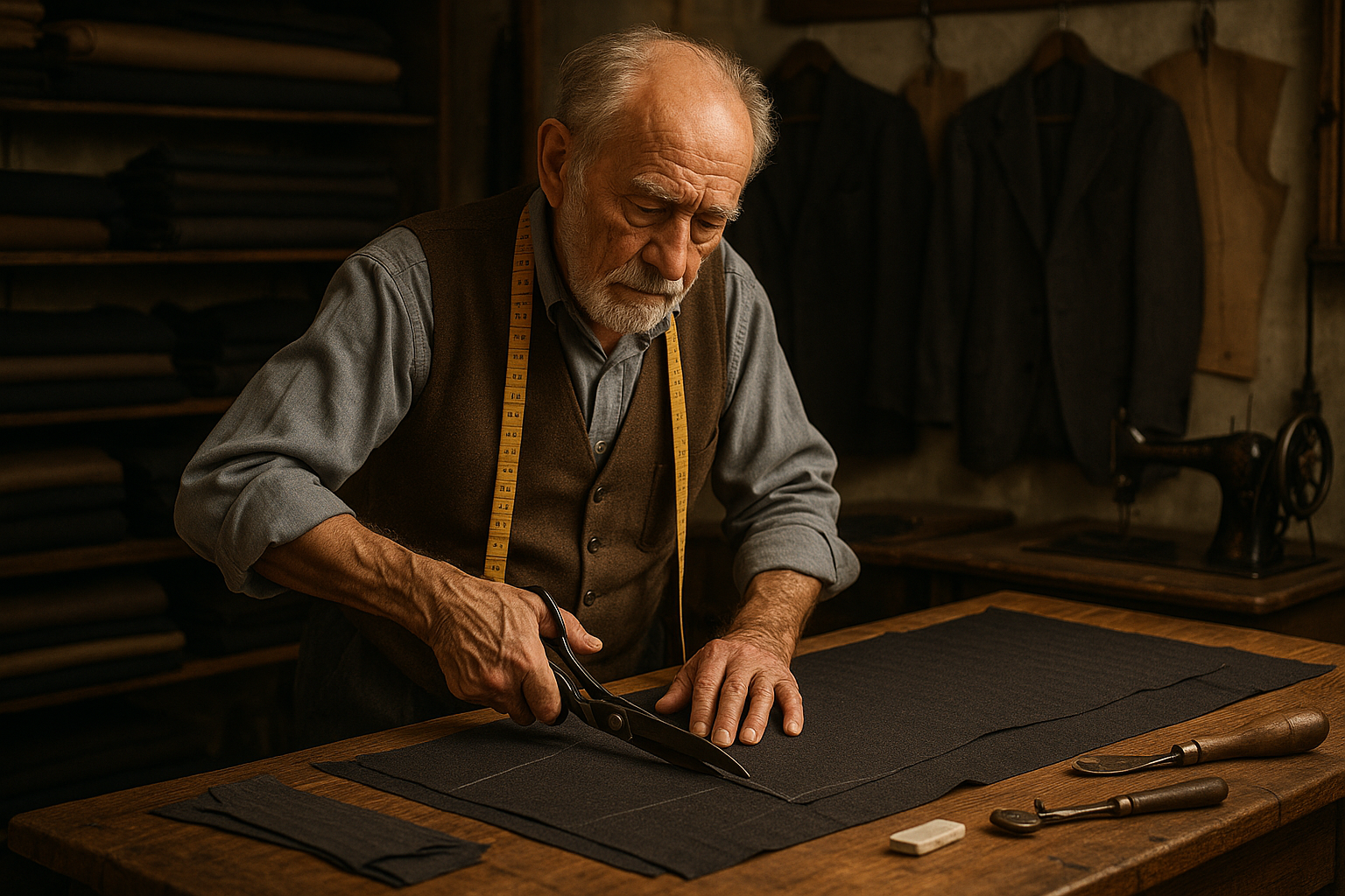 Make a picture of a old man that tailoring clothing. 26 years expierence