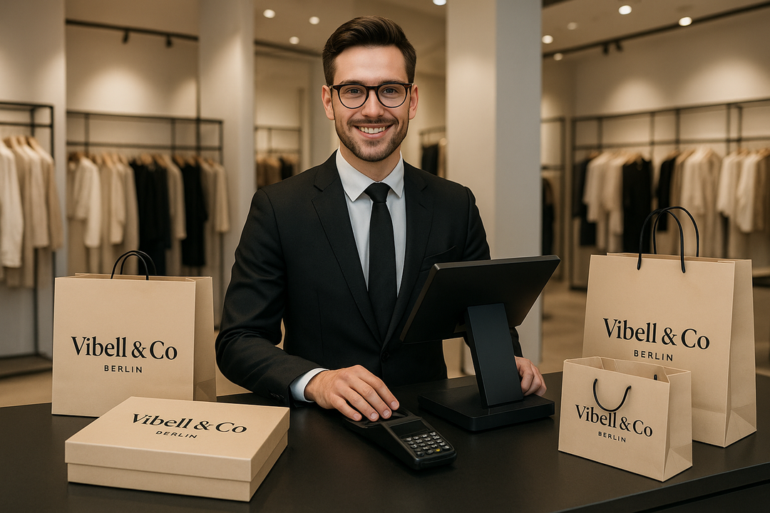 Make a picture with a cashier that sells clothing on a fashion store. On the package of the clothing stands "Vibell & Co" and under that "Berlin"